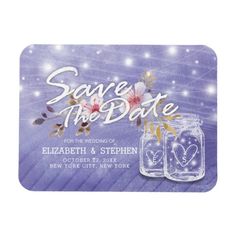 save the date card with two mason jars and flowers in them on a purple background