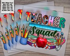 three teacher appreciation cards with an apple and pencils