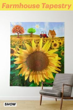 a sunflower in front of a farm house tapestry with the words farmhouse tapesty on it