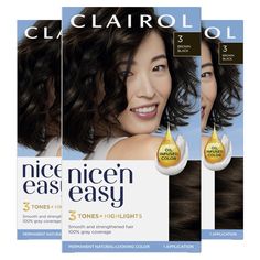 PRICES MAY VARY. Get permanent, silky, natural-looking hair color with Clairol Nice'n Easy 3 Brown Black. Creates 3 salon tones and highlights in 1 simple step using Color Blend technology Covers 100% of grays with complementary highlights and lowlights for an authentic look Our breakthrough non-drip Color Care permanent cream has conditioners built into every step to make your hair soft and shiny One hair color application kit: ColorBlend Formula, ColorBlend Activator, CC Plus ColorSeal Conditi Removing Black Hair Dye, Brown Black Hair Color, Brown Black Hair, How To Dye Hair At Home, Liquid Hair, Black Hair Dye, Brown Hair Dye, Hair Color Cream, Black Hair Color