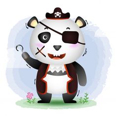 a cartoon panda bear wearing a pirate hat and holding a pipe in his hand with one eye open