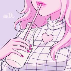 a girl with pink hair is drinking from a glass and holding a straw in her hand