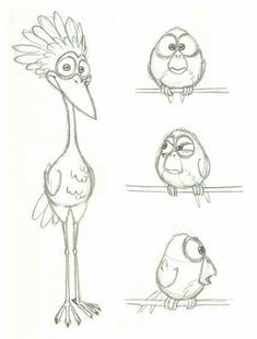 some cartoon birds with different facial expressions on their faces and beaks are shown in this drawing