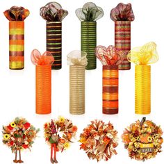 a bunch of different types of fall wreaths and ribbons on display in front of a white background