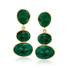 Ross-Simons - 25.00 ct. t. w. Emerald Drop Earrings in 18kt Gold Over Sterling. Here's a bold look that's within the budget! Boasting a deep-green glow, these color-rich drop earrings feature 25.00 ct. t. w. oval emeralds in 18kt yellow gold over sterling silver. Hanging length is 1 1/4". Post/clutch, emerald drop earrings. Emerald birthstones are the perfect gift for May birthdays. Emerald Drop Earrings, Jewelry Presentation, Emerald Earrings Drop, Emerald Birthstone, Emerald Stone, Stone Cuts, Green Stone, Deep Green, Fine Jewellery Earrings