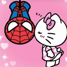 hello kitty and spider - man hanging from a string on a black background with hearts