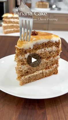 a piece of cake on a white plate with a fork in it and the words best banana cake