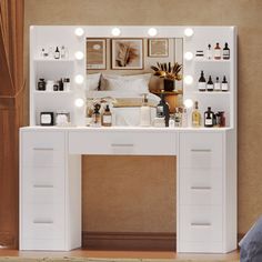 a white vanity with lights on it in front of a bed and dresser next to a window