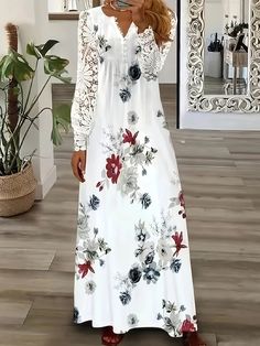 Faster shipping. Better service Woman Sleeve, Printed Dresses Fashion, Button Up Maxi Dress, Gaun Fashion, Floral Print Dress Long, Printed Dresses, Maxi Robes, Floral Lace Dress, Lace Dress Long