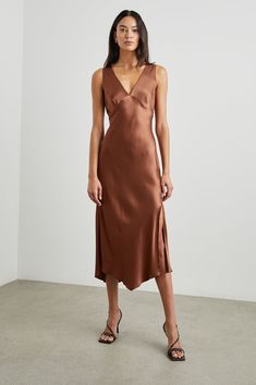 Classic v-neck slip dress in a gorgeous cedar color way. Shop the Monique dress at our Brooklyn location, Mid Dresses, Dress Silhouette, Mermaid Dresses, Asymmetrical Hem, New Arrival Dress, Model Dress, Asymmetric Hem, Outerwear Jackets, Denim Dress