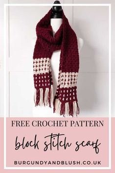 the free crochet scarf pattern is shown on a mannequin dummy with text overlay that reads, free crochet pattern black stitch scarf