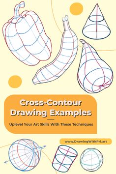 the cross - contour drawing examples for beginners to learn how to draw fruit and vegetables