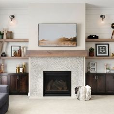 shiplap, painted shiplap, floating shelves, wall sconces, dark wood built-ins, Nantucket Dining Room, Over Fireplace Decor, Nantucket Interior Design, Dark Wood Shelves, Wood Mantle Fireplace, White Built Ins, Built In Around Fireplace, Floor Renovation, Home Entertainment Centers