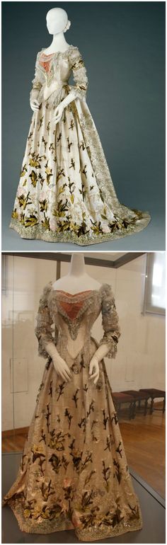 Dress of light-colored satin and silk tulle with chenille applications, designed for Empress Elisabeth of Austria around 1880 by Fanny Scheiner. From the Kunsthistorisches Museum / Wagenburg und Monturendepot collection. Photos: (Top): Kunsthistorisches Museum; (Bottom): Meinbezirk.at. 1880 Dress, Empress Elisabeth Of Austria, Elisabeth Of Austria, Empress Elisabeth, Rococo Fashion, Historical Dress, 1800s Fashion, Period Clothing