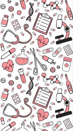 a pattern with medical items and symbols in pink, black and white on a white background