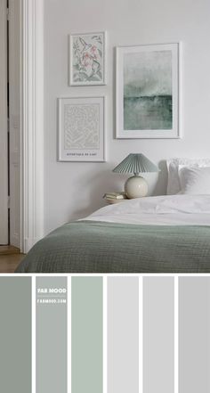 a bedroom with white walls and gray bedding in shades of grey, green, and white