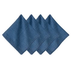 four blue napkins with frayed edges on a white background, set of 4