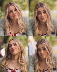 four different pictures of a woman with long blonde hair, wearing a flowered dress