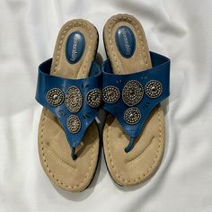 Solesenseability Women's blue thong sandals size 9.5 Blue Open Toe T-strap Sandals, Blue Casual Open Toe T-strap Sandals, Blue Casual T-strap Open Toe Sandals, Blue Open Toe T-strap Sandals For Beach, Blue Toe Post Sandals For Beach, Comfortable Blue Open Toe Flip Flops, Blue Toe Post Sandals For Vacation, Comfortable Adjustable Blue Sandals, Blue Adjustable Sandals With Cushioned Footbed