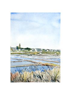 a watercolor painting of a marshland landscape with buildings in the distance and blue sky