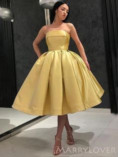 Gold Satin Strapless A-line Short Backless Homecoming Dresses, HM1067 – MarryLover Golden Prom Dress, Tea Length Formal Dresses, Knee Length Evening Dress, Strapless Homecoming Dresses, Tea Length Prom Dress, Shweshwe Dresses