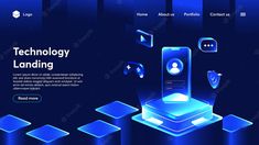 the technology landing page is shown with glowing blue shapes and icons on dark blue background