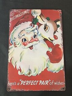 an old fashioned christmas card with santa claus and rudolph the red nosed reindeer on it