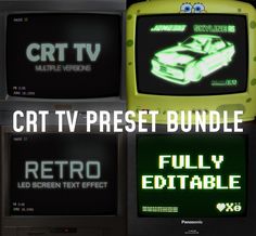 the crt tv preset bundle is shown in four different colors and sizes, including green