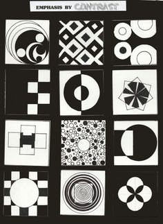 black and white art work with squares, circles, and shapes