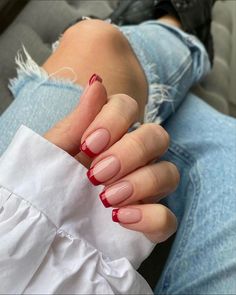 French Nails With Red, Red French Nails, Red Tip Nails, Nails With Red, Short Red Nails, Red Gel Nails, Kutek Disney, New Years Eve Nails, Maroon Nails