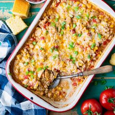 a casserole dish filled with mexican food