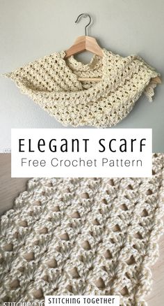 a crocheted scarf hanging on a wall with the text, elegant scarf free crochet pattern