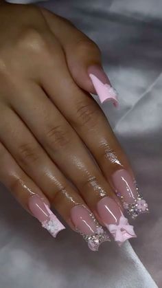 Shirt Nail Ideas Acrylic, Pink Acrylic Nail Inspiration, Light Pink Hoco Nails, Pink Nails Rhinestones, Pink Birthday Nails Acrylic, Medium Acrylic Nails Ideas, Quinceanera Nails, Medium Nails