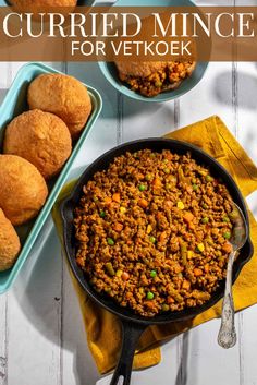 two bowls filled with fried mince next to muffins