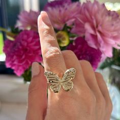 The Pavé Diamond Jumbo Butterfly Ring will have your hands ready to take flight. Inspired by the iconic California monarch butterfly— known to symbolize strength, endurance, transformation, and evolution— this ring makes a fluttering statement. Luxury Diamond Butterfly Ring, Luxury White Gold Butterfly Ring, Diamond Butterfly Ring In Yellow Gold, Luxury Butterfly Ring For Gift, Luxury Butterfly-shaped Ring For Gift, Luxury Butterfly Rings For Gifts, Luxury Butterfly Rings For Gift, Luxury Butterfly-shaped Anniversary Rings, Luxury Butterfly Shaped Anniversary Rings