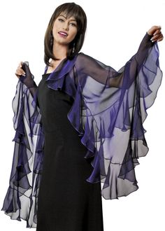 "You will feel yourself as a queen, wearing this airy elegant wrap with ruffles, made with Dark Violet color of iridescent silk chiffon. Unique beauty created by gorgeous play from dark purple, deep violet with black shimmery shade. Dimensions: The full length of the scarf is about 76\" and the width on the central widest part is about 15\". Central piece: width - 16\" length - 71\" Ruffles: width - 6\" Swatches available! Please make an informed purchase. You can order fabric or feather swatche Cruise Wardrobe, Spiritual Goals, Peacock Teal, Wedding Shawls, Dressy Jeans, Evening Wrap, Evening Wraps, Blue Shawl, Chiffon Shawl