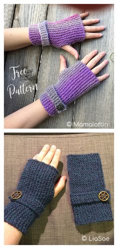 two pictures showing the hands and fingers of a woman wearing purple knitted mitts