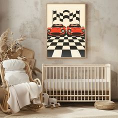 a baby's room with a crib, rocking chair and painting on the wall