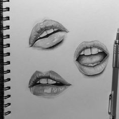 pencil drawings of different lips and mouth shapes on a notepad with a pen next to it