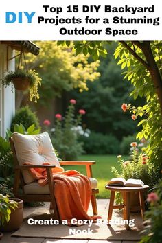 a chair and table sitting in the middle of a yard with flowers on it, next to a tree