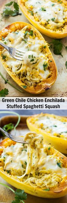 green chili chicken enchilada stuffed spaghetti squash is an easy and healthy dinner