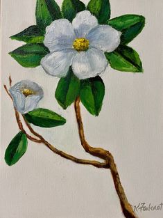 a painting of two white flowers with green leaves