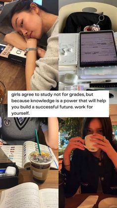 a collage of photos with women working on laptops and reading books, drinking coffee