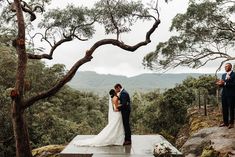 a bride and groom standing on top of a rock with trees in the background at their wedding