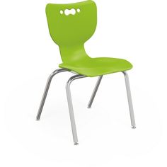 a green classroom chair with metal legs and a button on the back of it's seat