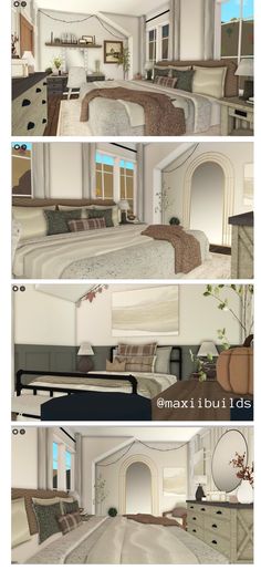 three different views of a bedroom with white walls