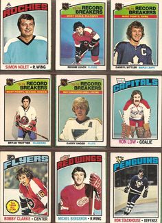 the hockey cards are all different colors and sizes