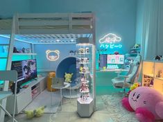 the children's room is decorated in pastel colors and features a bunk bed, desks, chairs, and toys