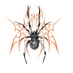 a drawing of a spider with orange flames on it's back legs and head