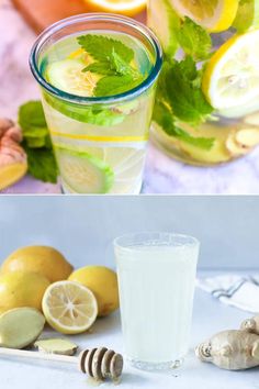 two pictures with lemons, mint and ginger water in them next to sliced lemons